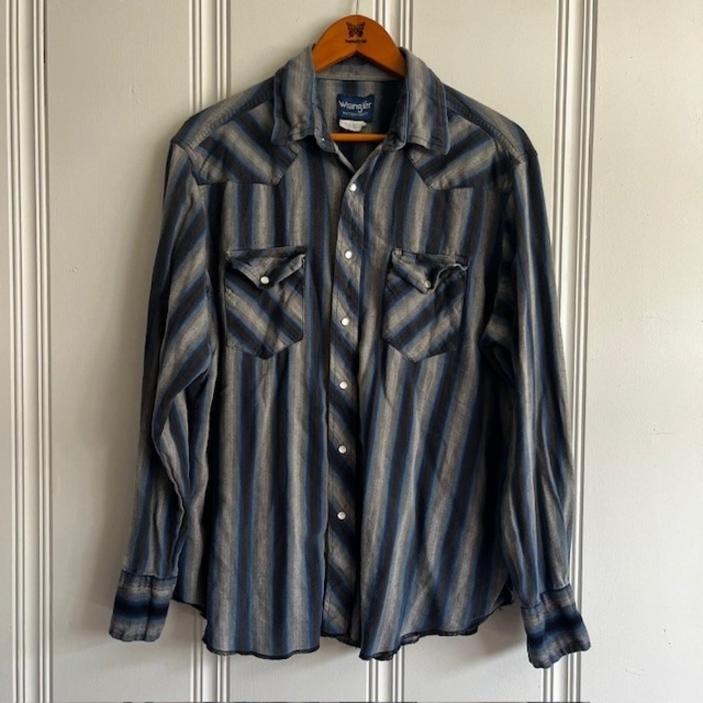Vintage Wrangler Western Pearl Snaps Long Sleeve Shirt X Large Blue Black 90s